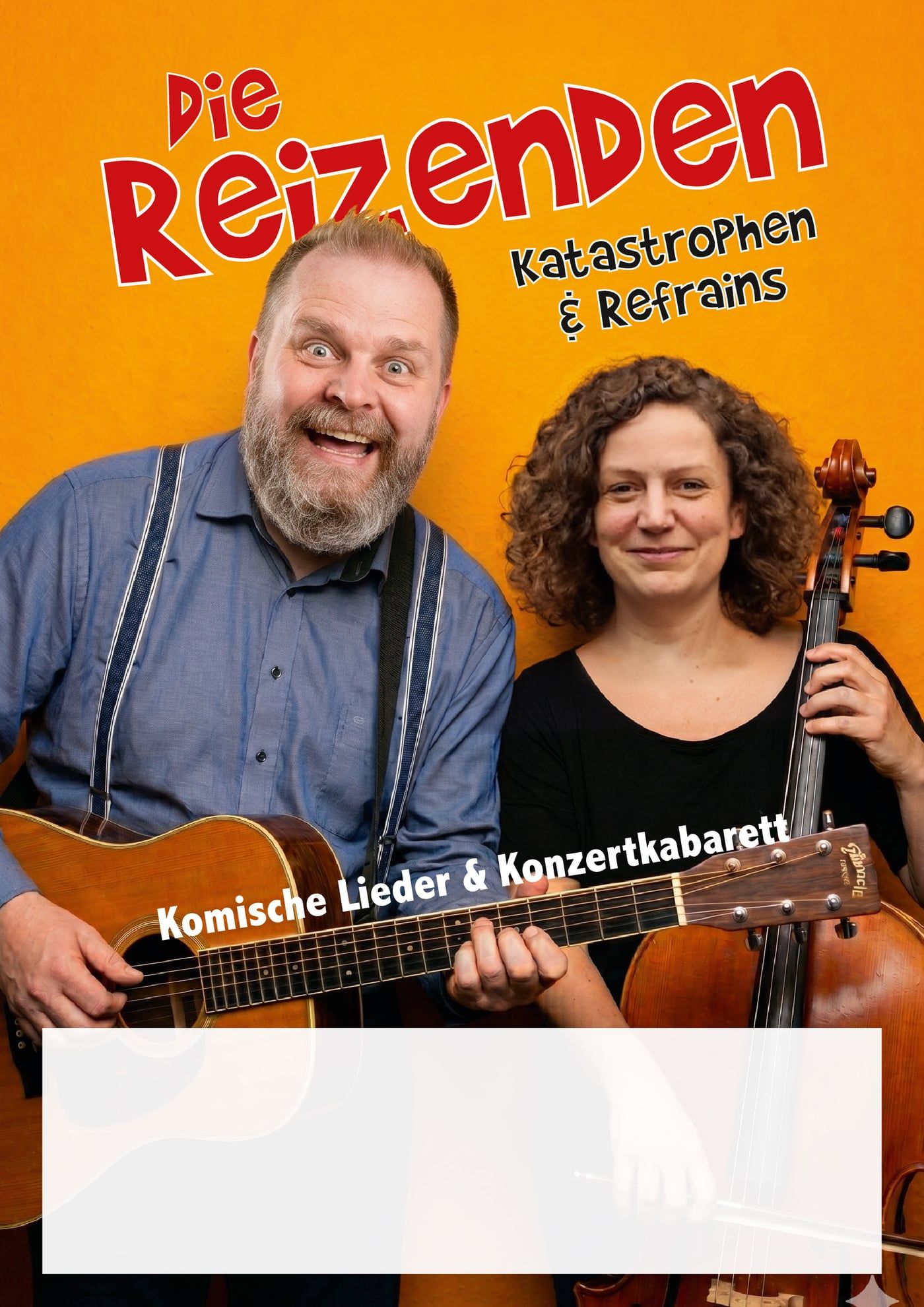 Plakat der Reizenden zum Programm „Katastrophen & Refrains“ mit weißem Feld für Datum und Ort